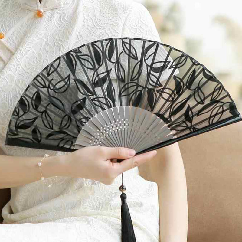 Buddha Stones Retro Leaves Flower Silk Handheld Bamboo Folding Fan - image 6