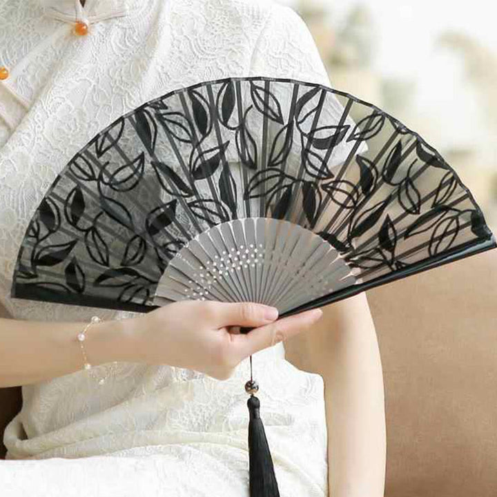 Buddha Stones Retro Leaves Flower Silk Handheld Bamboo Folding Fan - image 6