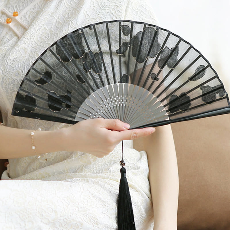 Buddha Stones Retro Leaves Flower Silk Handheld Bamboo Folding Fan - image 11