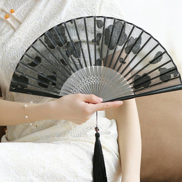 Buddha Stones Retro Leaves Flower Silk Handheld Bamboo Folding Fan - image 11