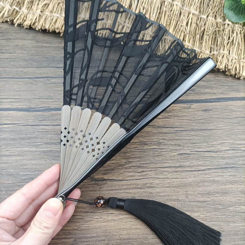 Buddha Stones Retro Leaves Flower Silk Handheld Bamboo Folding Fan - image 7