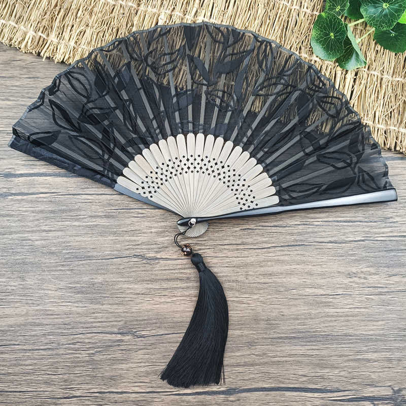 Buddha Stones Retro Leaves Flower Silk Handheld Bamboo Folding Fan - Black Leaves 22cm(With Gift Box) - image 5