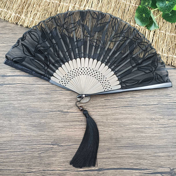 Buddha Stones Retro Leaves Flower Silk Handheld Bamboo Folding Fan - Black Leaves 22cm(With Gift Box) - image 5