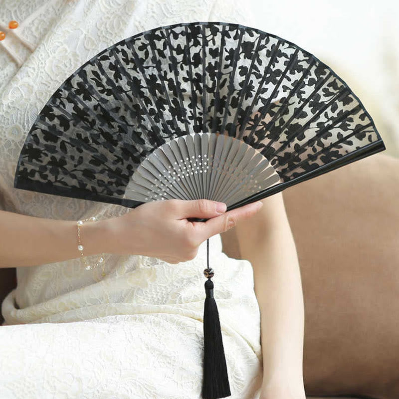 Buddha Stones Retro Leaves Flower Silk Handheld Bamboo Folding Fan - Black Small Flowers 22cm(With Gift Box) - image 0