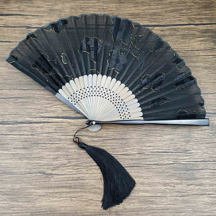 Buddha Stones Retro Leaves Flower Silk Handheld Bamboo Folding Fan - Black Big Flowers 22cm(With Gift Box) - image 10