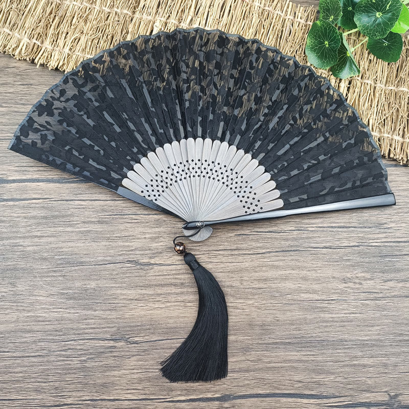 Buddha Stones Retro Leaves Flower Silk Handheld Bamboo Folding Fan - image 1