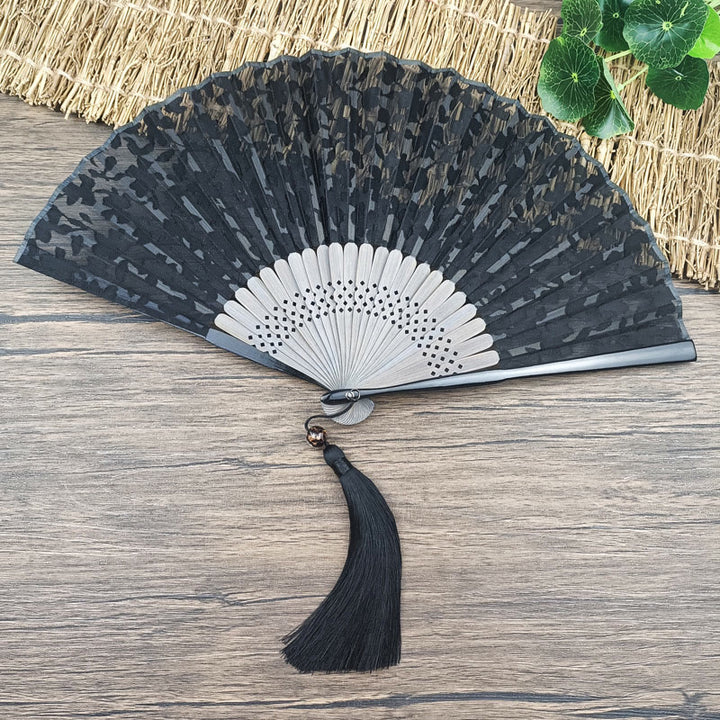 Buddha Stones Retro Leaves Flower Silk Handheld Bamboo Folding Fan - image 1