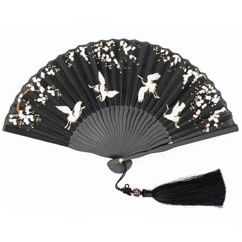 Buddha Stones Plum Blossom Crane Silk Handheld Bamboo Folding Fan - image 10