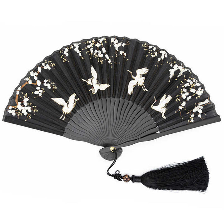 Buddha Stones Plum Blossom Crane Silk Handheld Bamboo Folding Fan - image 10