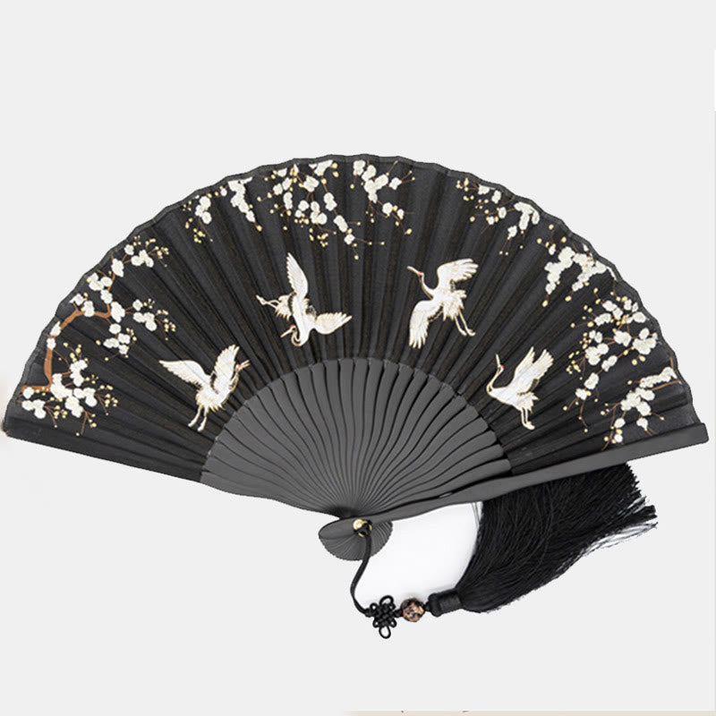 Buddha Stones Plum Blossom Crane Silk Handheld Bamboo Folding Fan - image 1