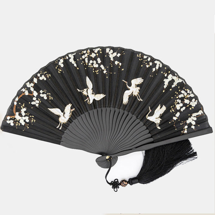 Buddha Stones Plum Blossom Crane Silk Handheld Bamboo Folding Fan - image 1