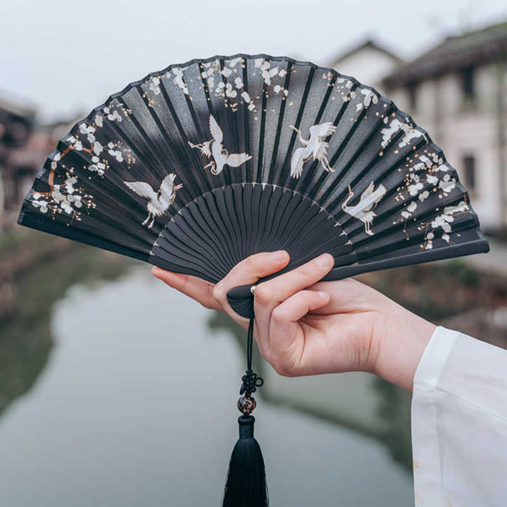 Buddha Stones Plum Blossom Crane Silk Handheld Bamboo Folding Fan - image 2