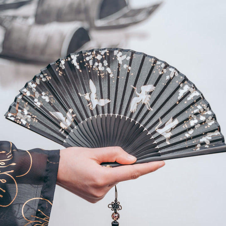 Buddha Stones Plum Blossom Crane Silk Handheld Bamboo Folding Fan - image 5
