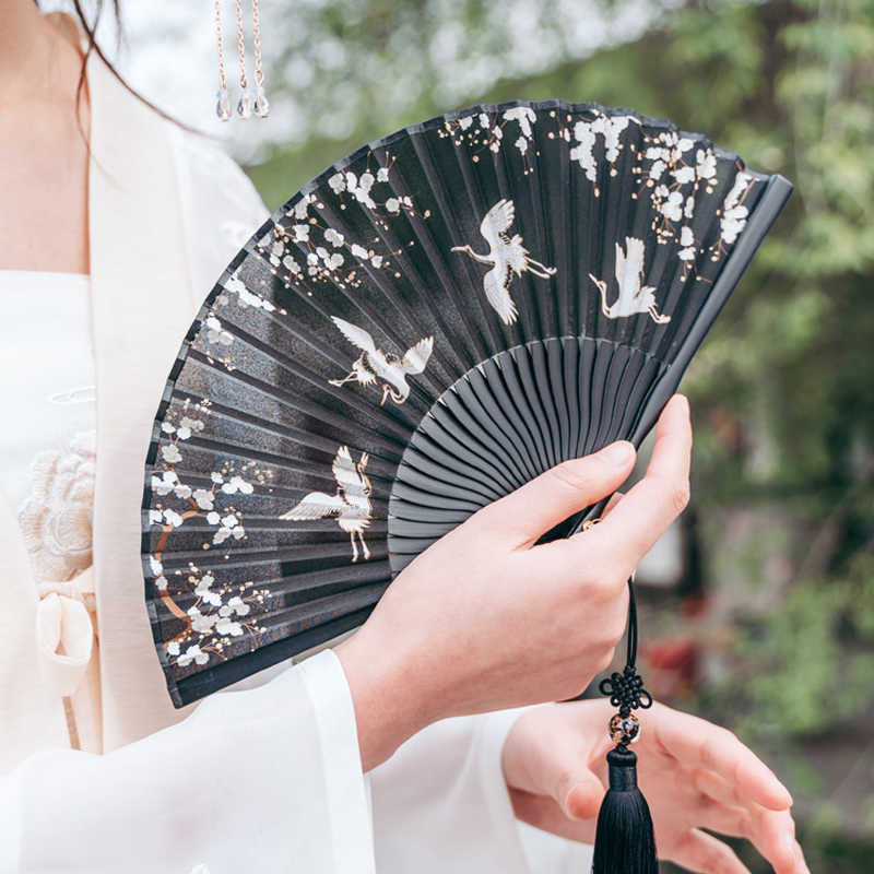 Buddha Stones Plum Blossom Crane Silk Handheld Bamboo Folding Fan - Black Plum Crane 18cm(With Gift Box) - image 0