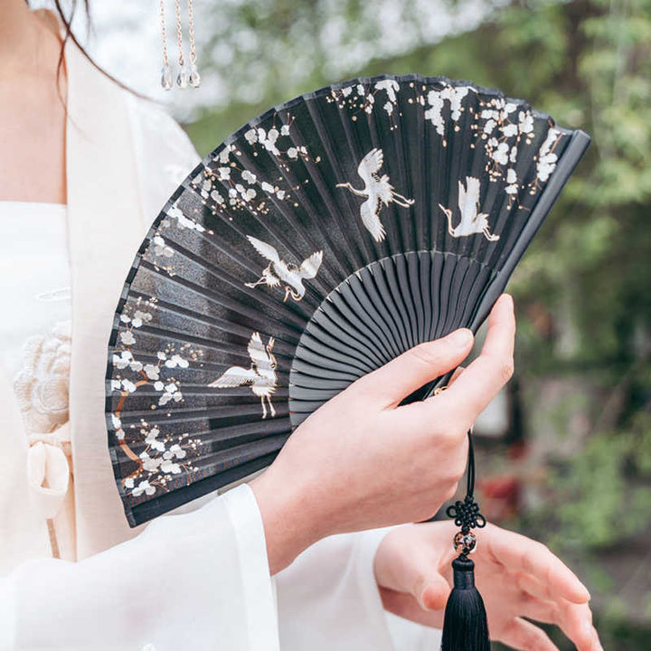 Buddha Stones Plum Blossom Crane Silk Handheld Bamboo Folding Fan - Black Plum Crane 18cm(With Gift Box) - image 0