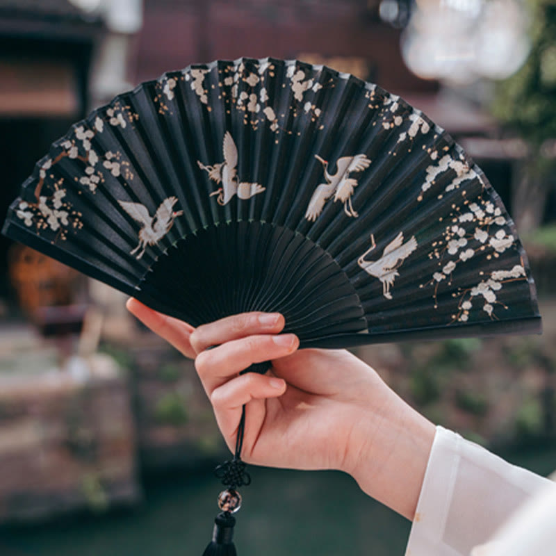 Buddha Stones Plum Blossom Crane Silk Handheld Bamboo Folding Fan - image 3