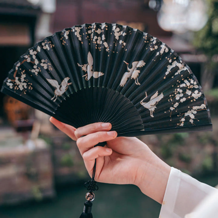 Buddha Stones Plum Blossom Crane Silk Handheld Bamboo Folding Fan - image 3
