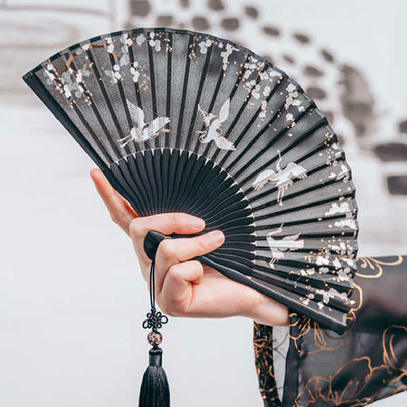 Buddha Stones Plum Blossom Crane Silk Handheld Bamboo Folding Fan - image 6