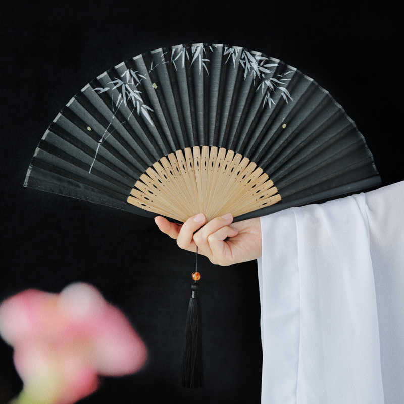 Buddha Stones Firefly Bamboo Leaves Pattern Tassels Handheld Bamboo Folding Fan - Black Firefly Bamboo 22.5cm - image 5