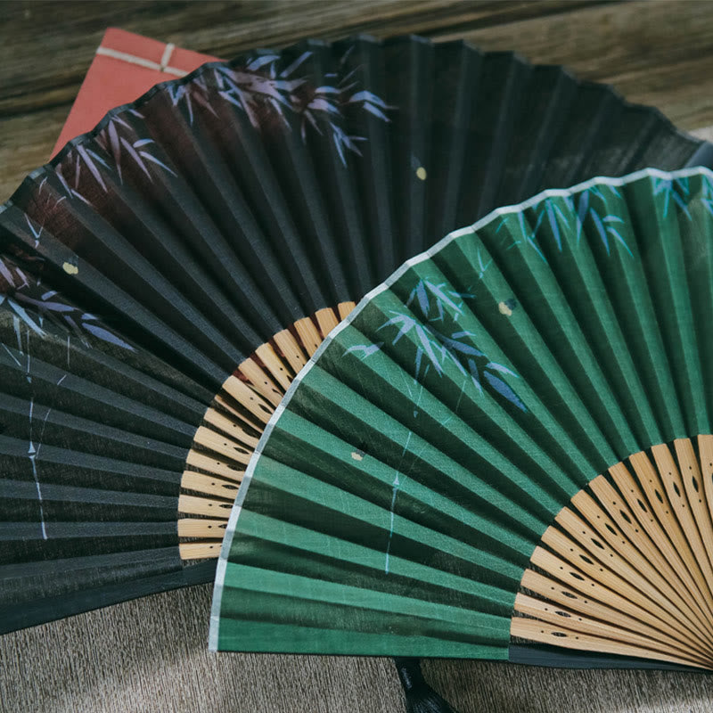 Buddha Stones Firefly Bamboo Leaves Pattern Tassels Handheld Bamboo Folding Fan - image 9