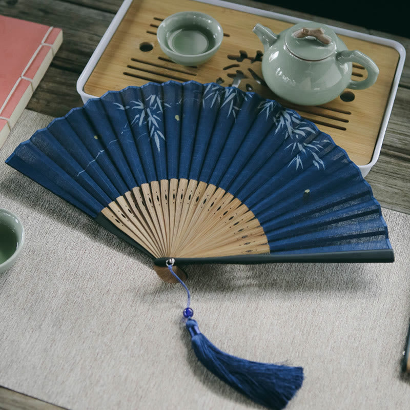Buddha Stones Firefly Bamboo Leaves Pattern Tassels Handheld Bamboo Folding Fan - image 2
