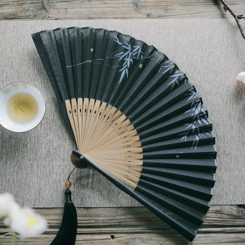 Buddha Stones Firefly Bamboo Leaves Pattern Tassels Handheld Bamboo Folding Fan - image 6