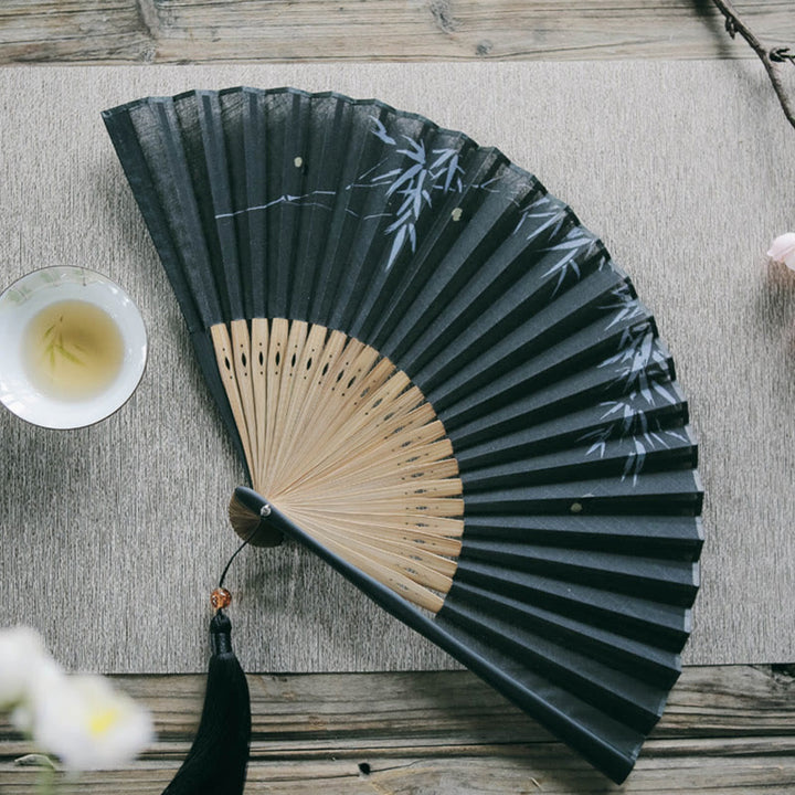 Buddha Stones Firefly Bamboo Leaves Pattern Tassels Handheld Bamboo Folding Fan - image 6