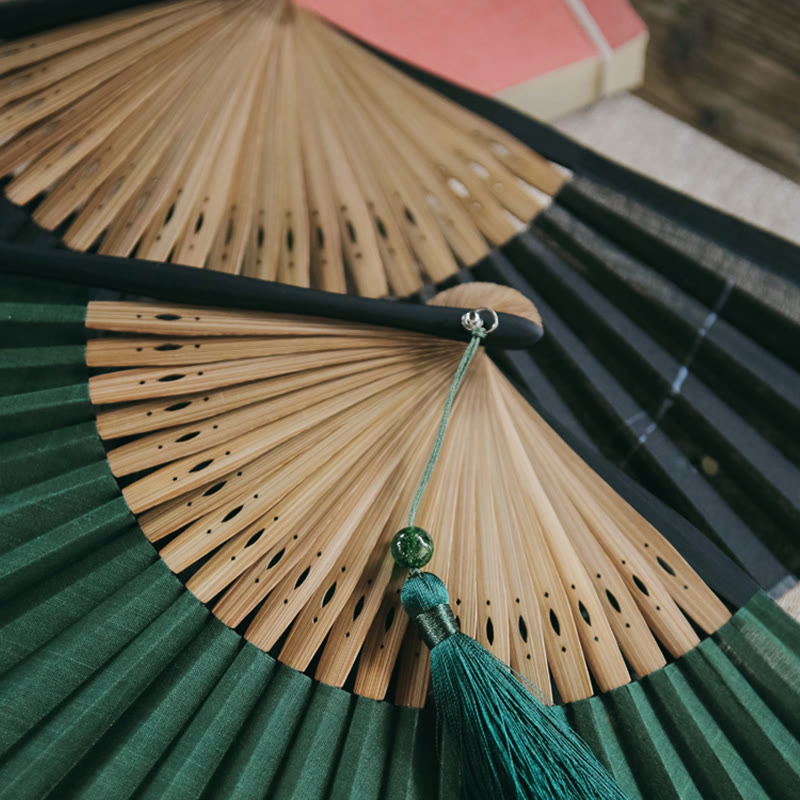 Buddha Stones Firefly Bamboo Leaves Pattern Tassels Handheld Bamboo Folding Fan - image 10