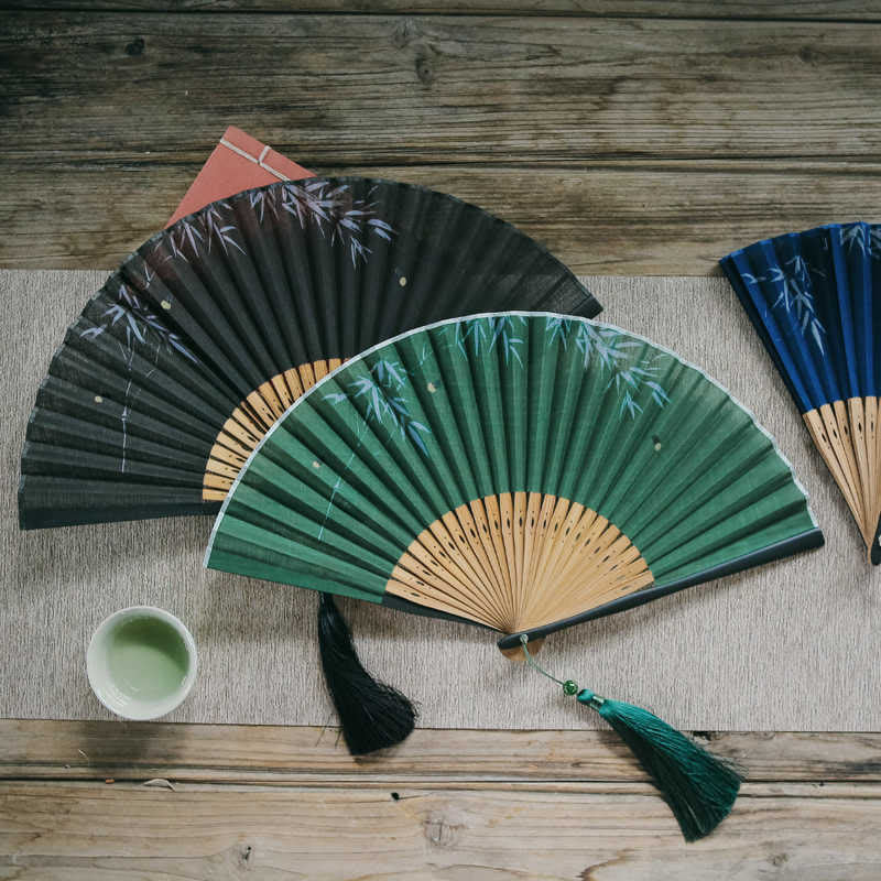 Buddha Stones Firefly Bamboo Leaves Pattern Tassels Handheld Bamboo Folding Fan - image 8
