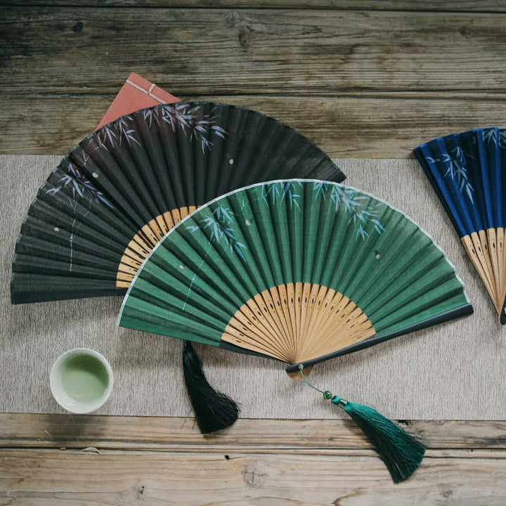 Buddha Stones Firefly Bamboo Leaves Pattern Tassels Handheld Bamboo Folding Fan - image 8