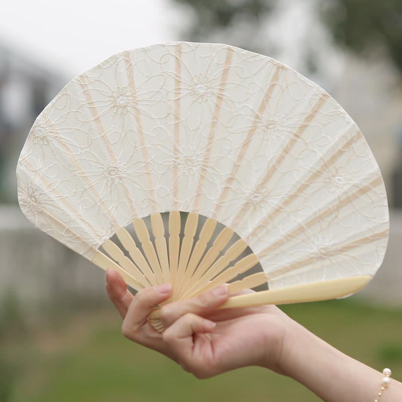 Buddha Stones Retro Large Flower Embroidery Shell Shape Tassels Handheld Bamboo Folding Fan - image 11