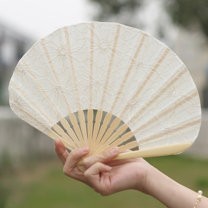 Buddha Stones Retro Large Flower Embroidery Shell Shape Tassels Handheld Bamboo Folding Fan - image 11