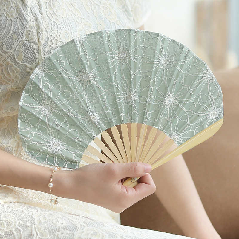 Buddha Stones Retro Large Flower Embroidery Shell Shape Tassels Handheld Bamboo Folding Fan - CadetBlue Flowers 21cm - image 0
