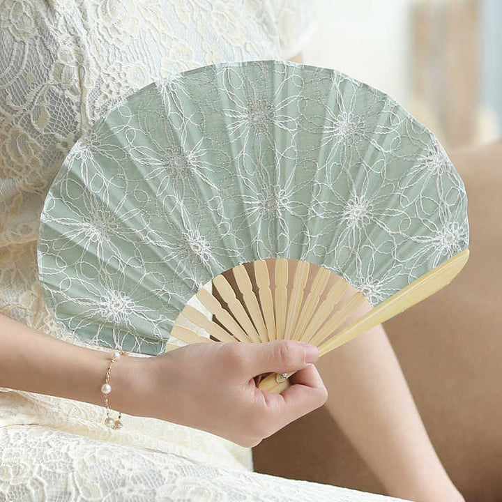 Buddha Stones Retro Large Flower Embroidery Shell Shape Tassels Handheld Bamboo Folding Fan - CadetBlue Flowers 21cm - image 0