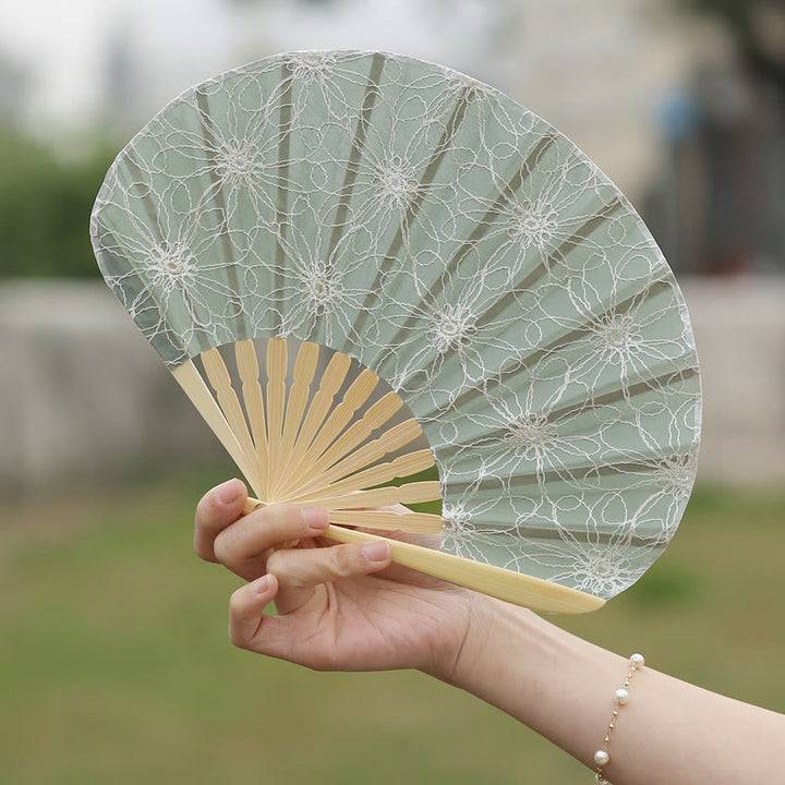 Buddha Stones Retro Large Flower Embroidery Shell Shape Tassels Handheld Bamboo Folding Fan - image 3