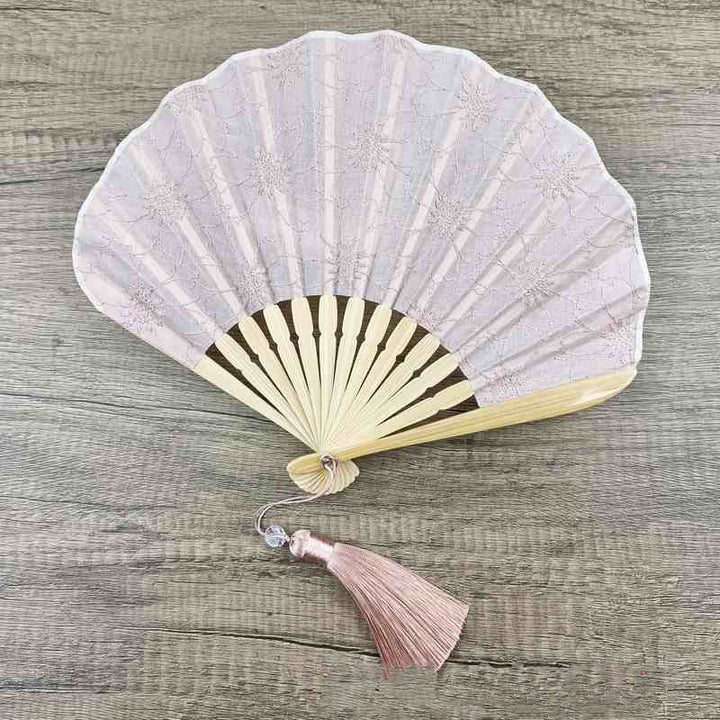 Buddha Stones Retro Large Flower Embroidery Shell Shape Tassels Handheld Bamboo Folding Fan - image 6