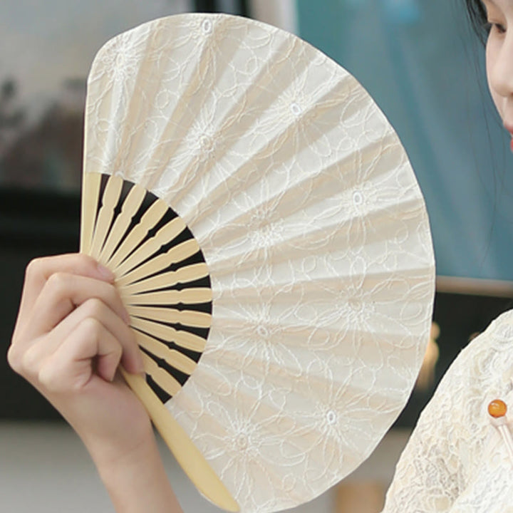 Buddha Stones Retro Large Flower Embroidery Shell Shape Tassels Handheld Bamboo Folding Fan - image 12