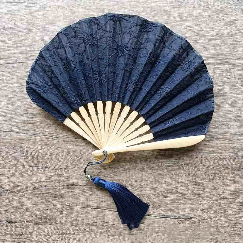 Buddha Stones Retro Large Flower Embroidery Shell Shape Tassels Handheld Bamboo Folding Fan - MidnightBlue Flowers 21cm - image 13
