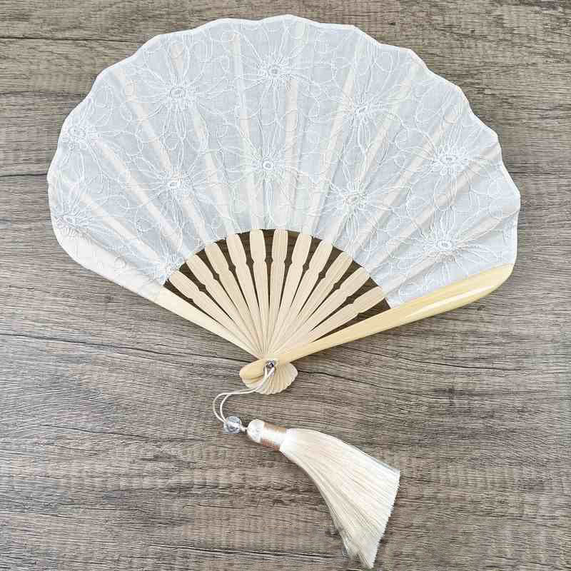 Buddha Stones Retro Large Flower Embroidery Shell Shape Tassels Handheld Bamboo Folding Fan - White Flowers 21cm - image 10