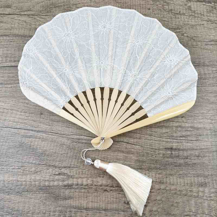 Buddha Stones Retro Large Flower Embroidery Shell Shape Tassels Handheld Bamboo Folding Fan - White Flowers 21cm - image 10