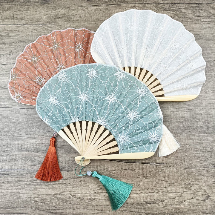 Buddha Stones Retro Large Flower Embroidery Shell Shape Tassels Handheld Bamboo Folding Fan - image 15