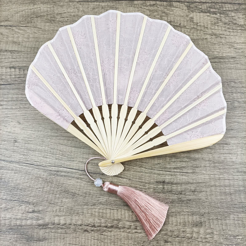 Buddha Stones Retro Large Flower Embroidery Shell Shape Tassels Handheld Bamboo Folding Fan - image 7