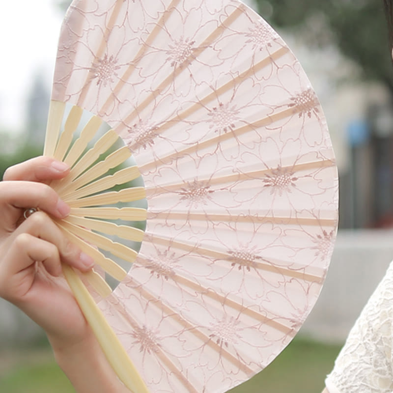 Buddha Stones Retro Large Flower Embroidery Shell Shape Tassels Handheld Bamboo Folding Fan - image 8