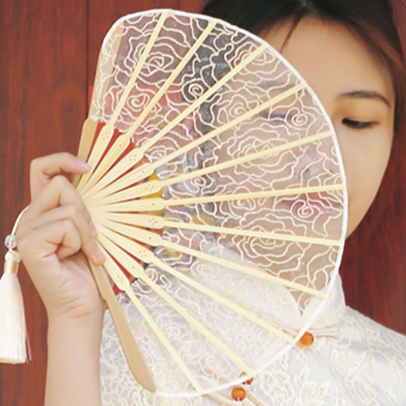 Buddha Stones Rose Embroidery Lace Shell Shape Tassels Handheld Bamboo Folding Fan - image 9
