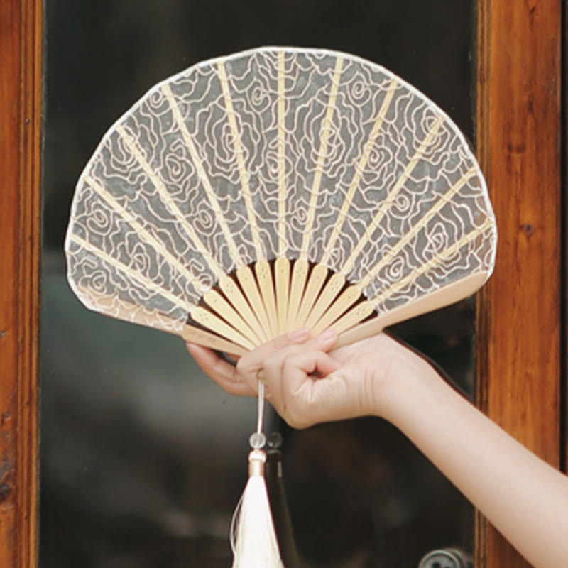 Buddha Stones Rose Embroidery Lace Shell Shape Tassels Handheld Bamboo Folding Fan - image 6