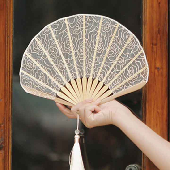Buddha Stones Rose Embroidery Lace Shell Shape Tassels Handheld Bamboo Folding Fan - image 6