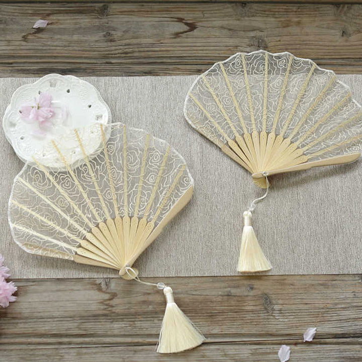 Buddha Stones Rose Embroidery Lace Shell Shape Tassels Handheld Bamboo Folding Fan - image 2
