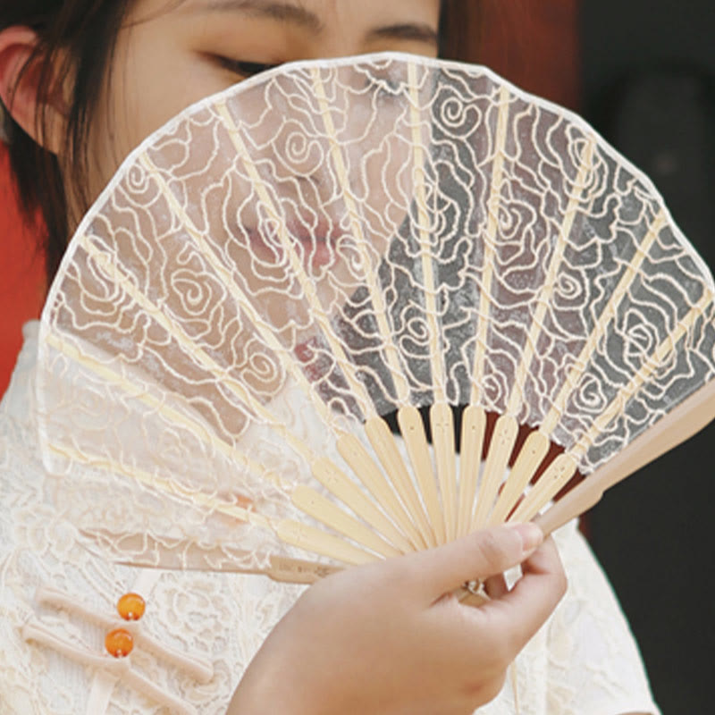Buddha Stones Rose Embroidery Lace Shell Shape Tassels Handheld Bamboo Folding Fan - image 10