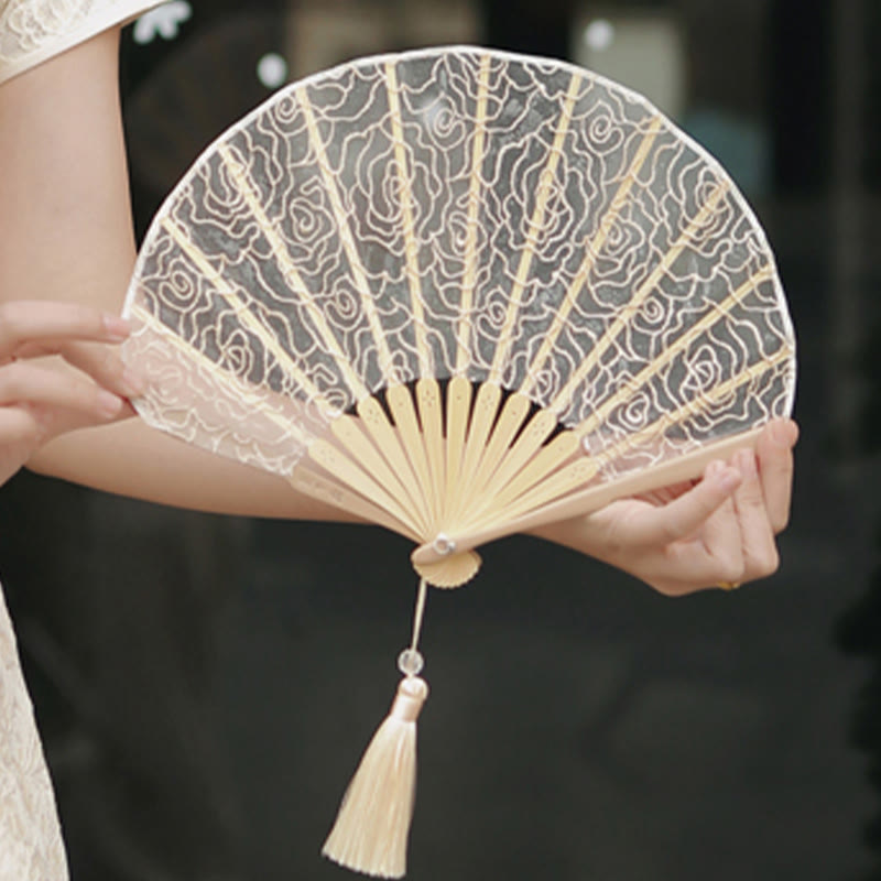 Buddha Stones Rose Embroidery Lace Shell Shape Tassels Handheld Bamboo Folding Fan - image 5