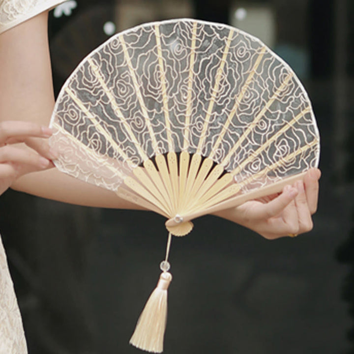 Buddha Stones Rose Embroidery Lace Shell Shape Tassels Handheld Bamboo Folding Fan - image 5